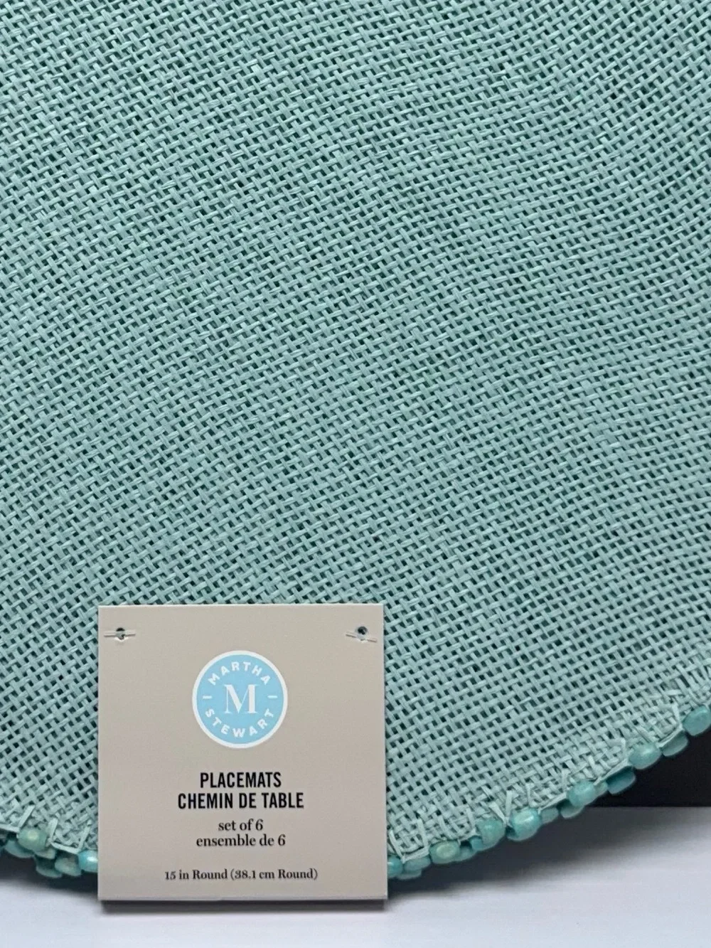 Set of 6 Martha Stewart Round Mint Green 15” Placemats, Wooden Beads on edge